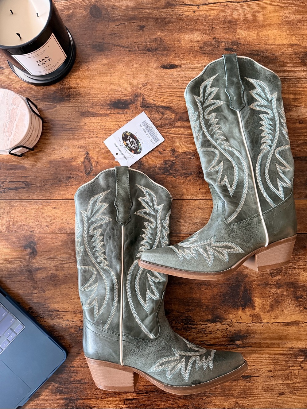 Olive Green Embroidered Western Mid-Calf Boots